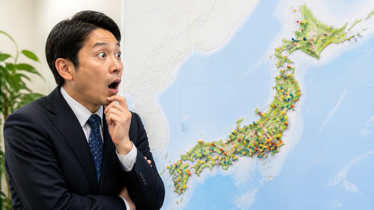 平成7年発足・加盟店200社240店舗という規模 全国の店舗網を示す地図を前に説明を受ける男性1人が驚いた表情