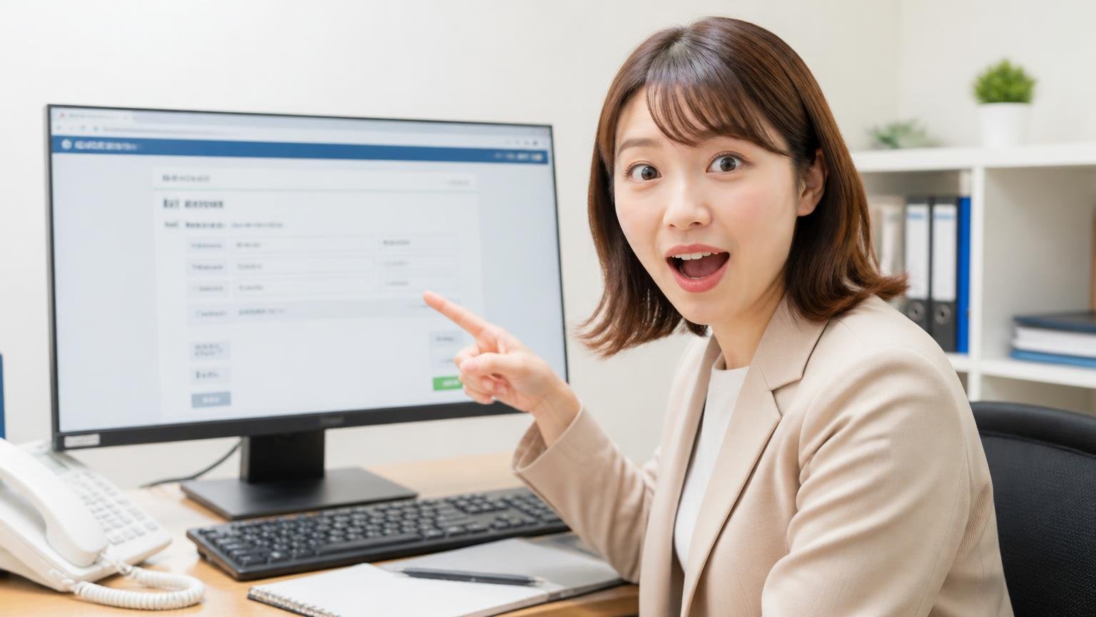 古物商許可を自分で確かめる方法。事務所でパソコン画面を指さす30代女性1人