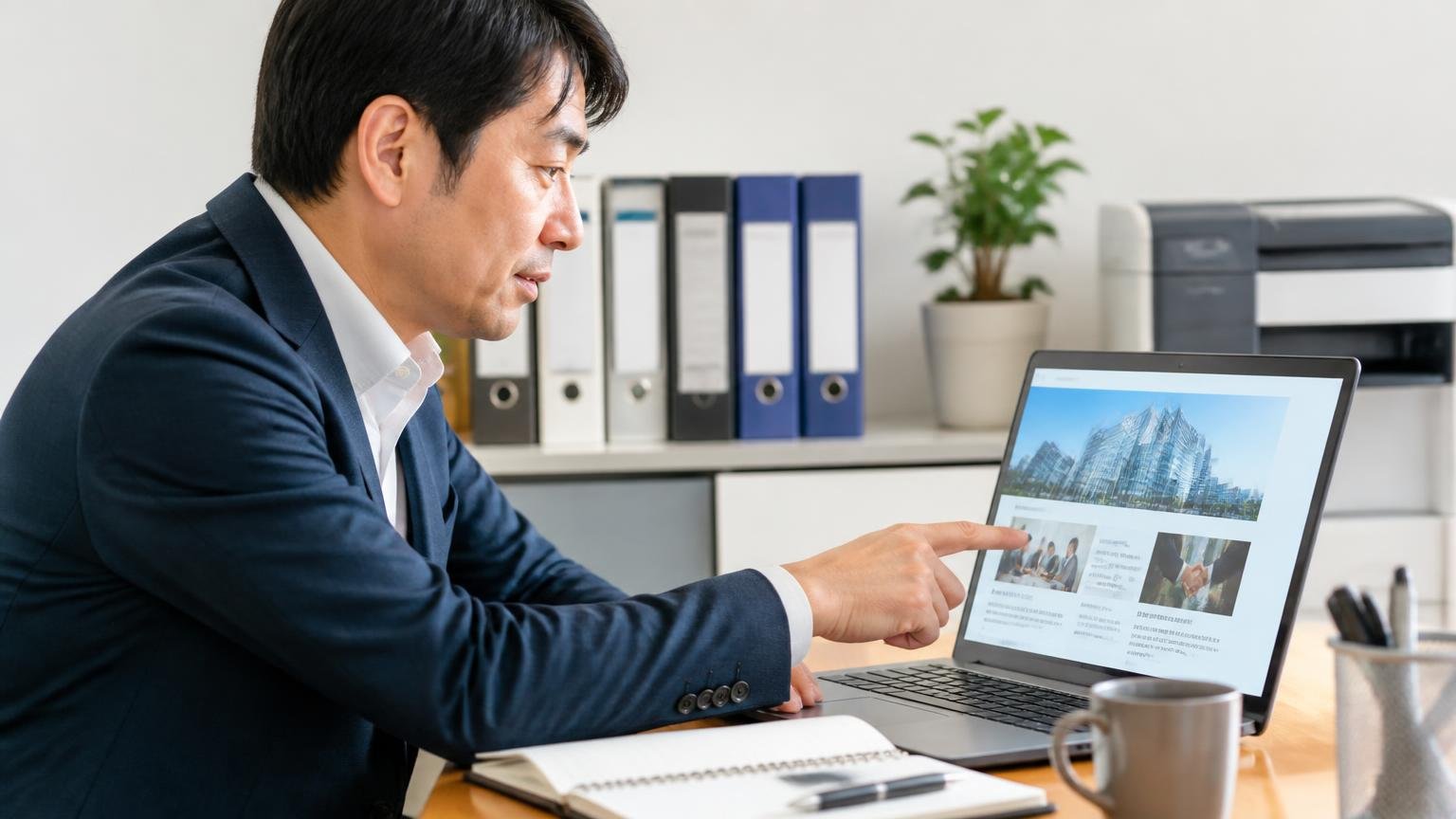 運営会社と母体の協会|事務所のパソコンで会社概要ページを開き、男性1人が指をさして確認する