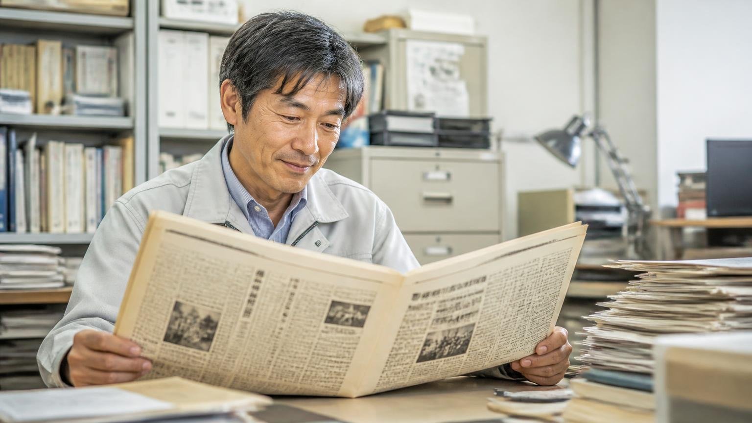 業界紙の記事を読む場面。事務所の机で古い専門紙を広げて読む40代男性1人が納得した表情