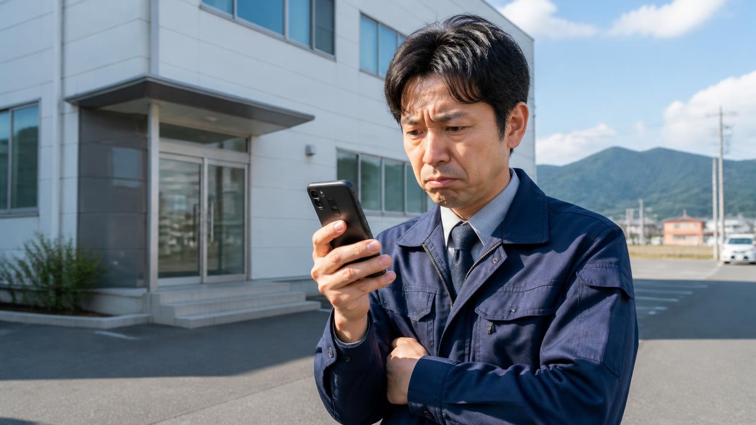 佐賀・久留米店は★3.6で16件その内訳を分解する、鳥栖の営業所前でスマホの星評価を見つめる男性1人が眉をひそめる