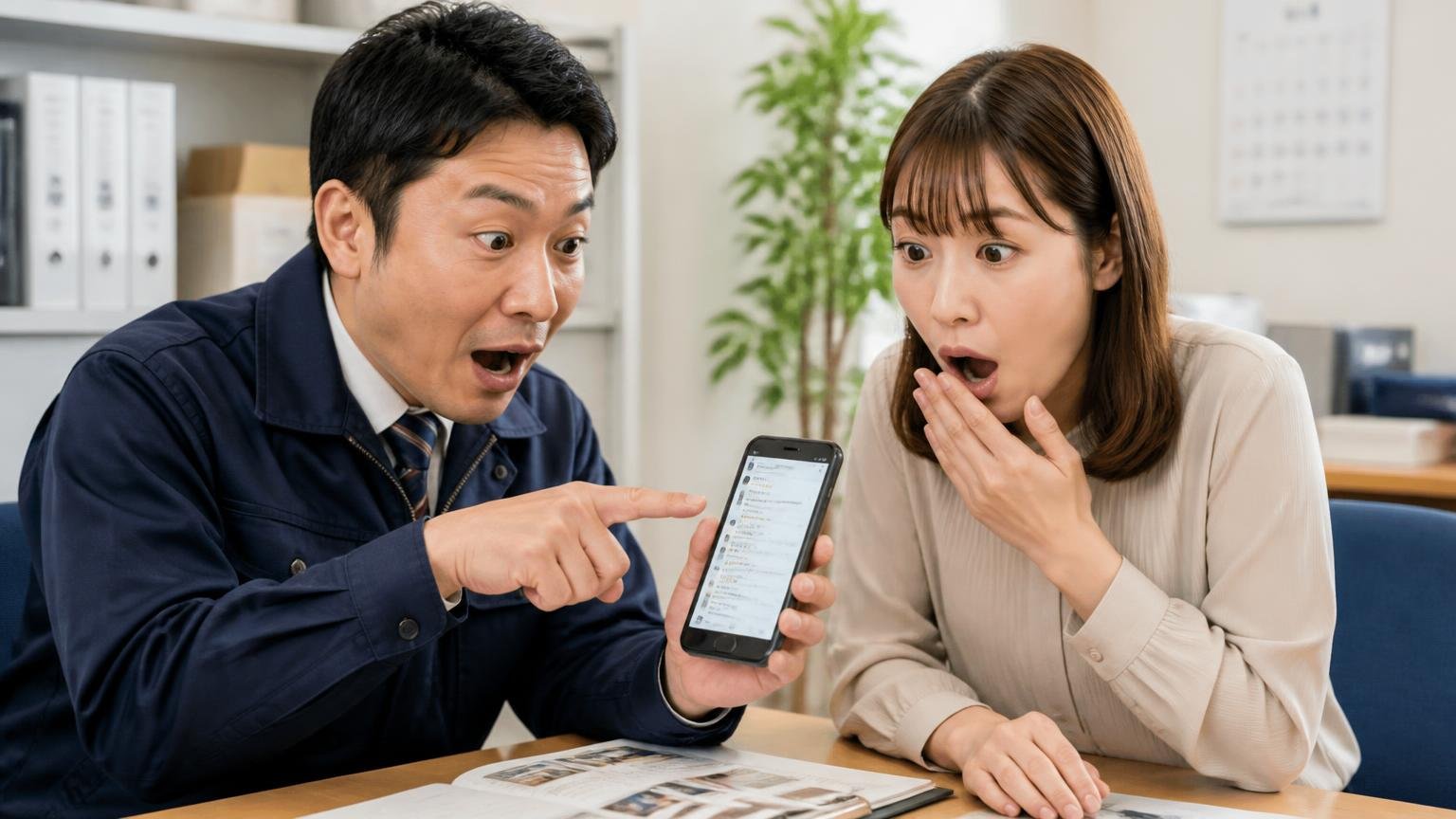カーセンサーの「栗山自動車株式会社」は東京の会社とは別の会社 事務所でスマホの口コミ画面を見せながら相談する場面 男女2人 驚いた表情