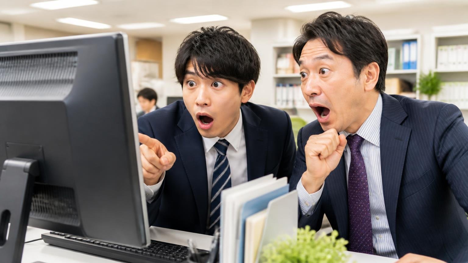 ★5が7件、★1は1件で分布は肯定寄り。事務所のパソコン画面で口コミを数える場面。20代男性と40代男性が驚いた表情