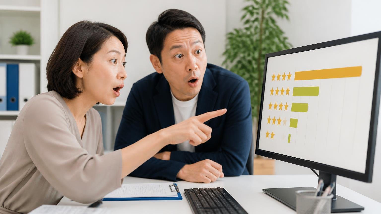 ★の内訳を確認する場面 事務所のパソコン画面に映る口コミ評価の棒グラフを指さして驚く女性1人と男性1人