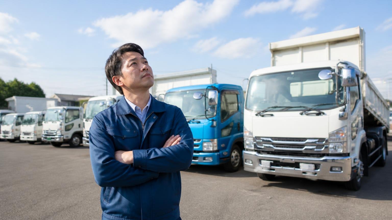 千葉県佐倉市の中古トラック専門店 舗装された展示場に並ぶトラックの前に立つ男性1人 見上げる表情