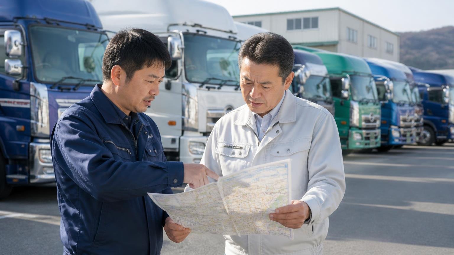 買取窓口はどこか 旭川の車庫に並ぶ大型トラックの前 男性2人 拠点の地図を指さして確認する