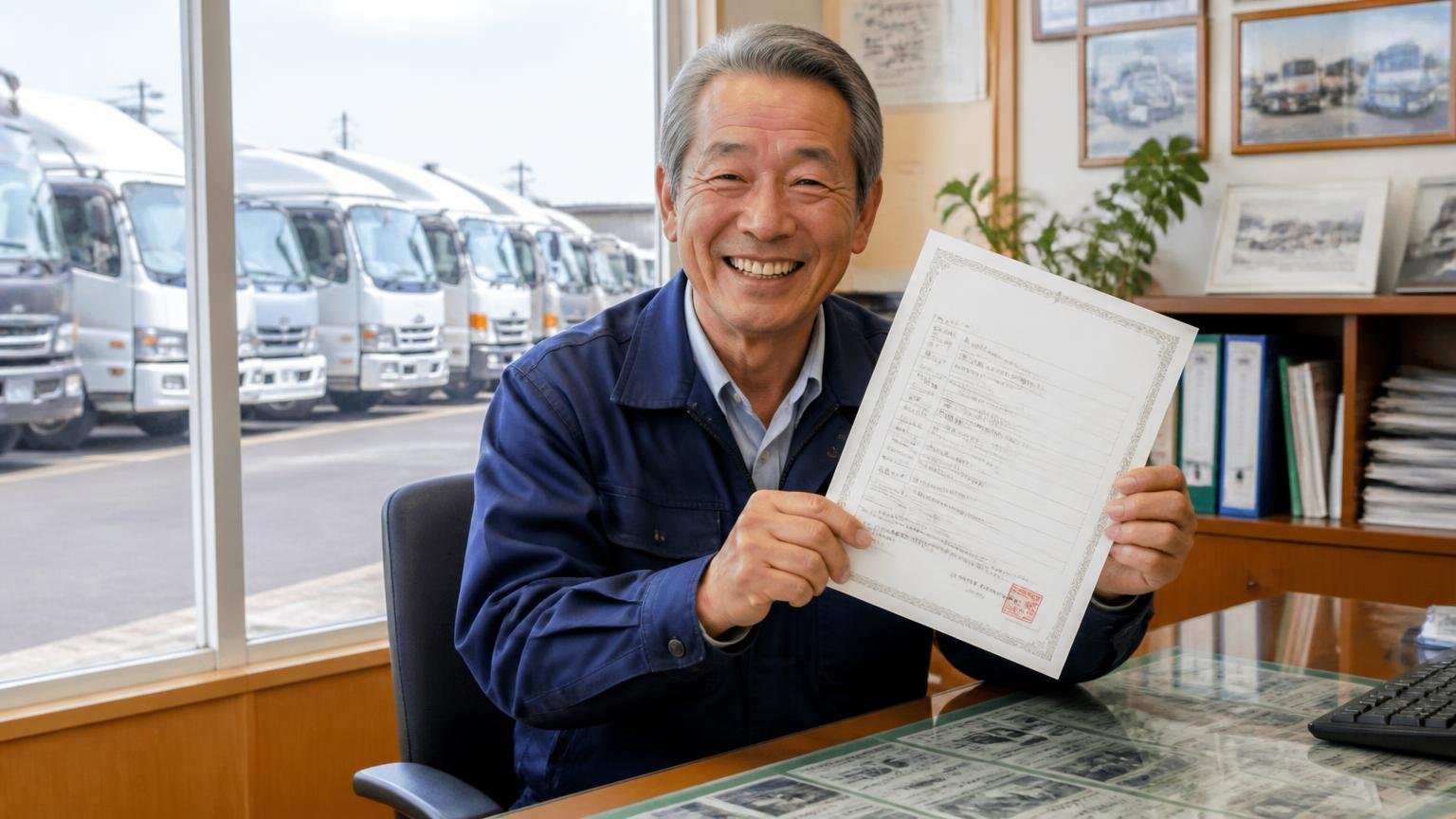 1970年創業・古物商許可番号を公開している地場の老舗(中古トラックが並ぶ販売店の事務所で、年配の男性社員が書類を見せて誇らしげに笑う)