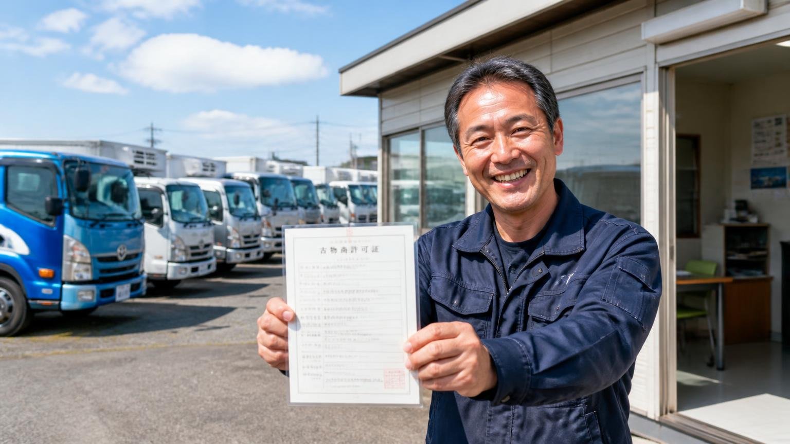 2016年設立・古物商許可番号を公開している加須市の商用車販売&買取会社(トラックが並ぶヤード脇の事務所で、作業着の男性が書類を見せて笑う)