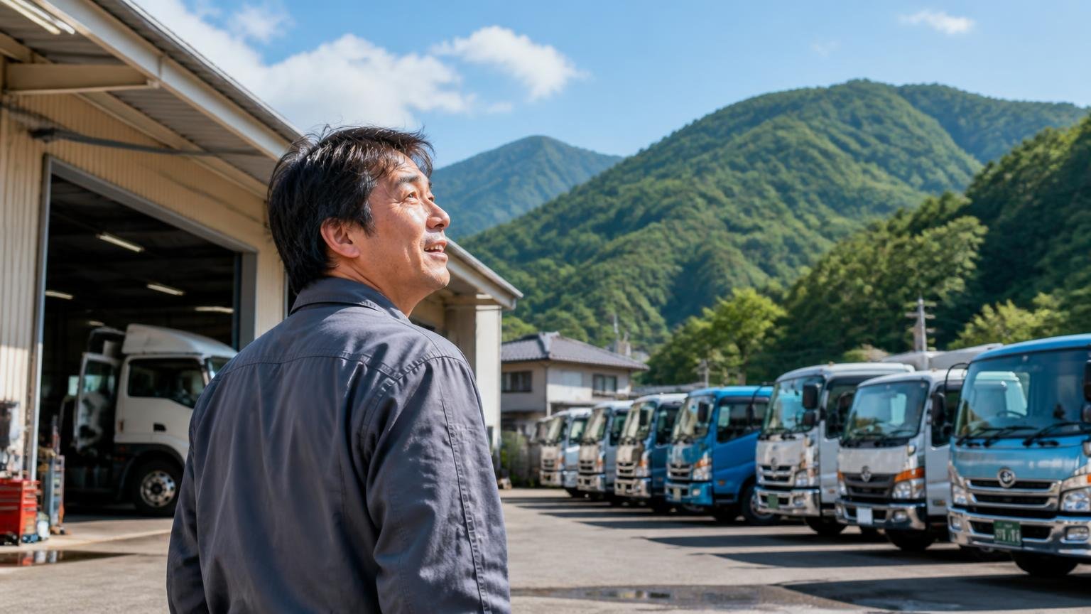 昭和41年設立、山梨市で中古トラックの販売・買取・車検整備を営む会社、山あいの町の整備工場とトラック展示場を見上げる男性、感心した表情