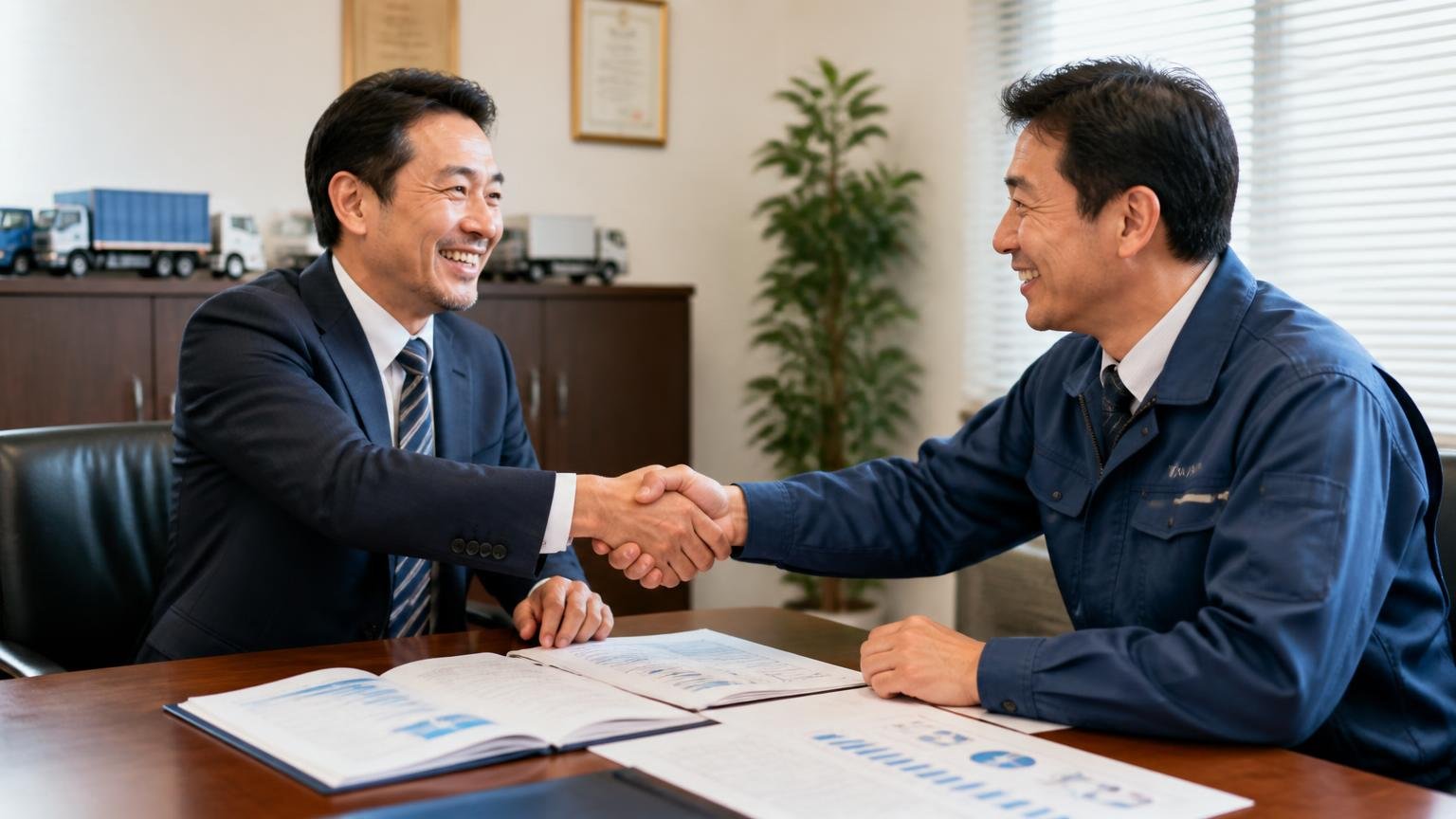 「経営の相談にも乗ってくれる」購入・増車した事業者の声 運送会社の応接室で資料を広げて笑顔で握手する経営者と担当者の2人