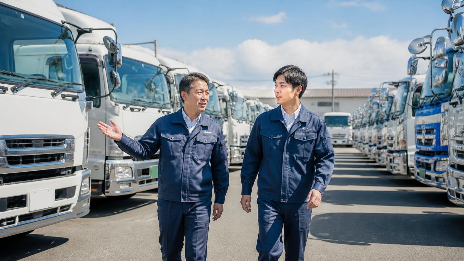 会社概要・古物商許可・4つの拠点、大型展示場にずらりと並ぶ中古トラックの列を見渡しながら歩く作業着の男性2人