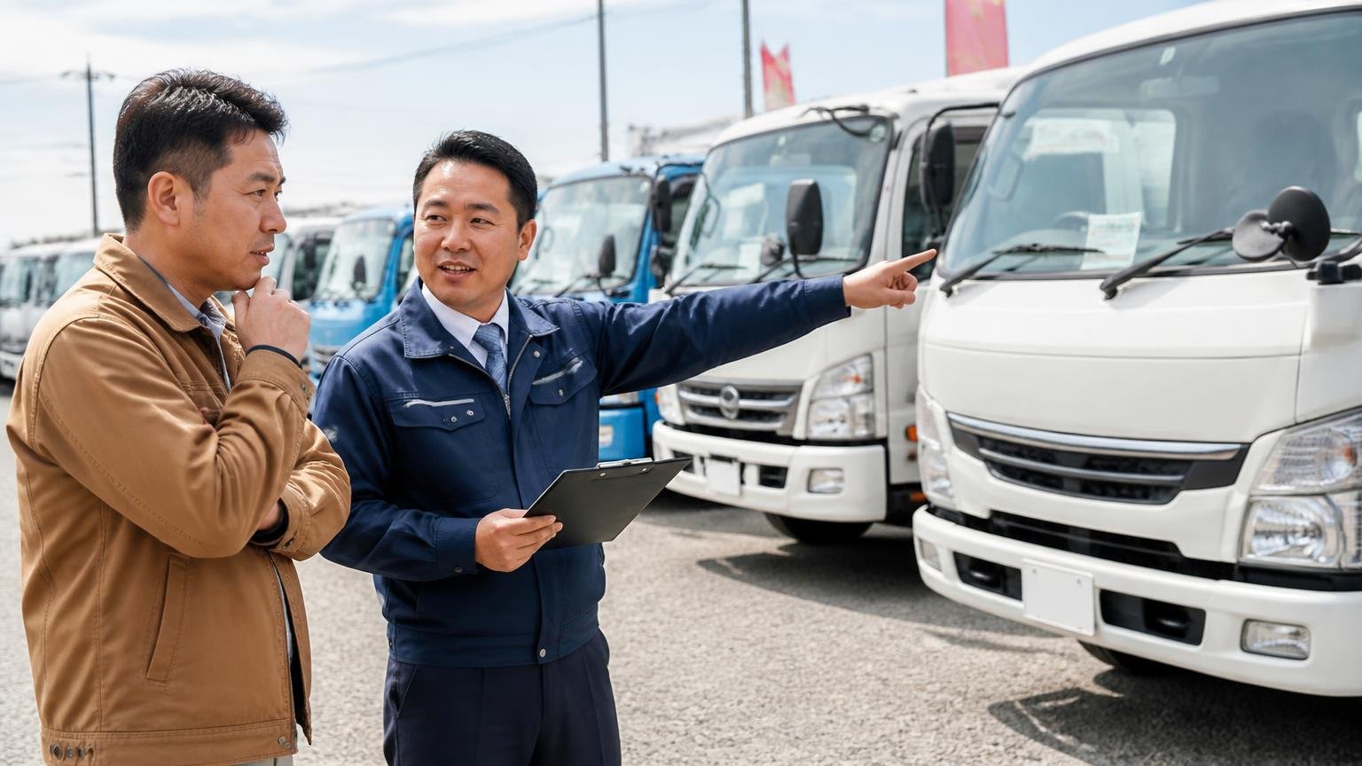 良い口コミの中身を確認する場面 中古トラックが並ぶ屋外の展示場で2人が車両を指さしながら話す