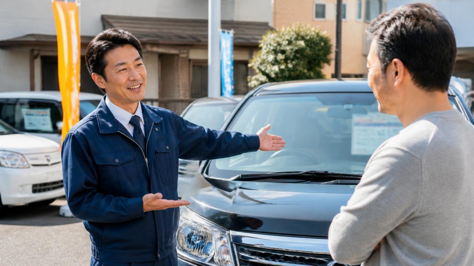 社長さんの真摯な態度は好感持てますという口コミ。展示場の中古車の前で店主が客に笑顔で説明する場面