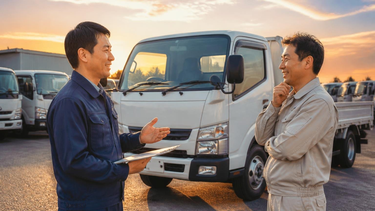 突然行っても丁寧 夕暮れの中古トラック展示場で中型トラックを前に立ち話する作業着の男性2人 穏やかな笑顔