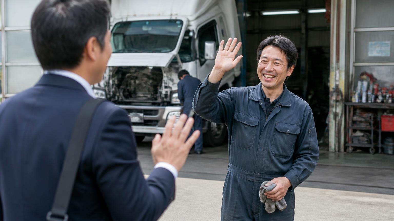 対応と技術を評価する声。トラック整備工場の前で作業着の男性が取引先の男性を笑顔で見送る場面