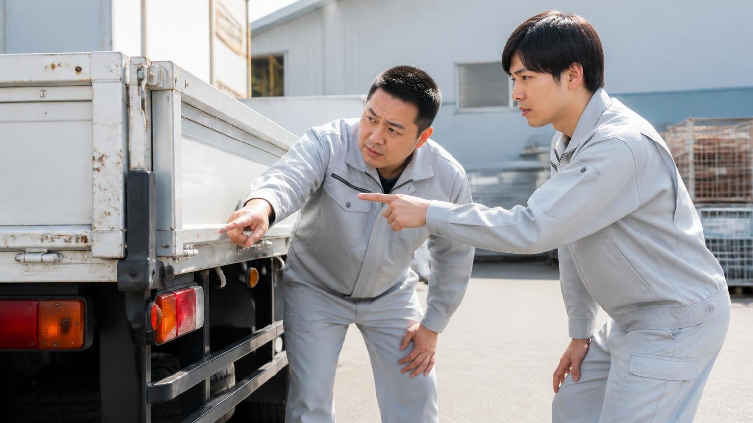 買取もやっているのか公式情報を確認 屋外でトラックの荷台まわりを確認する作業着の男性2人が指をさす
