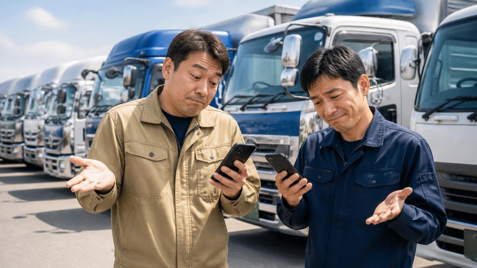 第2展示場も同じで口コミ1件本文なし／トラックが並ぶ屋外展示場でスマホを見せ合う2人／肩をすくめて苦笑い