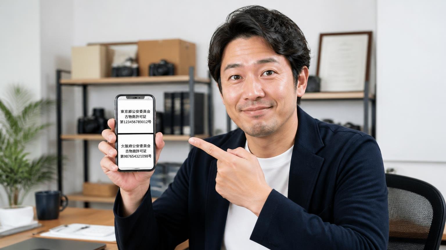 古物商許可番号が2県分公開・事務所でスマホの許可番号表示を指さす男性1人が納得する表情