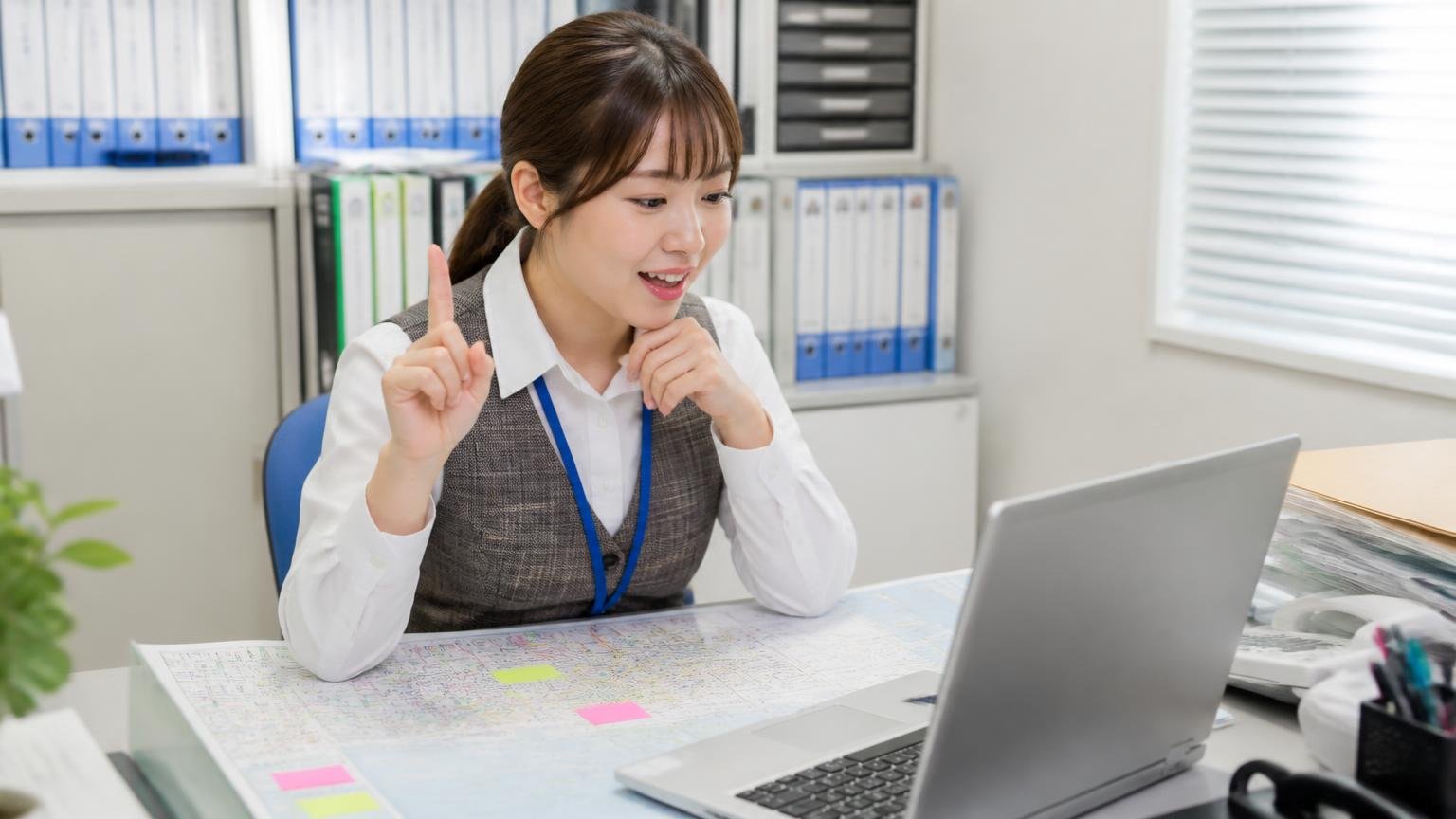 住所が2つ出てくる理由は、本店所在地の移転にあった 事務所で地図とパソコンを見比べる女性事務員1人がなるほどと頷く