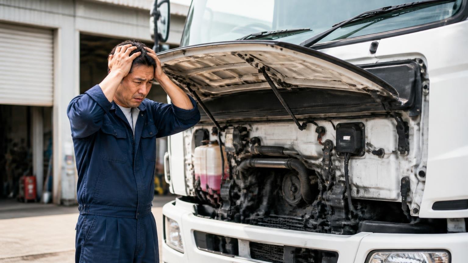 悪い口コミは「修理」と「サービス」への不満 車庫に戻ったトラックのボンネットを開けて頭を抱える男性ドライバー1人