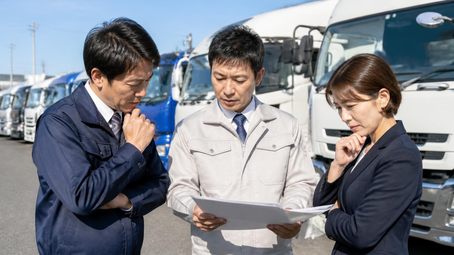 加盟団体から分かること、分からないこと 中古トラック展示場の前で資料を手に話し合う男性2人と女性1人、真剣な表情
