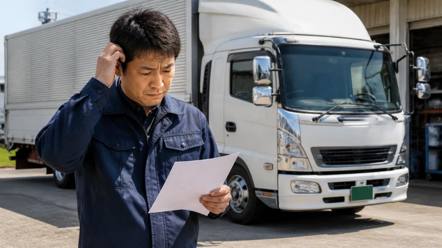 ★の数では、買取金額が高いか安いかは分からない 営業所の車庫に停まった4tウイングの前で見積書を手に悩む男性1人