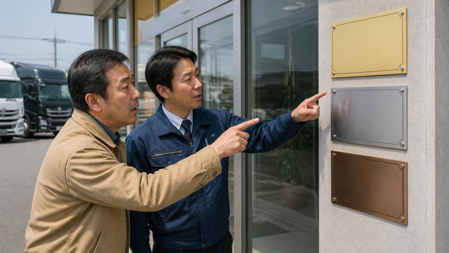古物商許可・スカニア販売店・業界団体の3つの裏付け。営業所の入口前で男性2人が壁の許可プレートを指さして確かめる