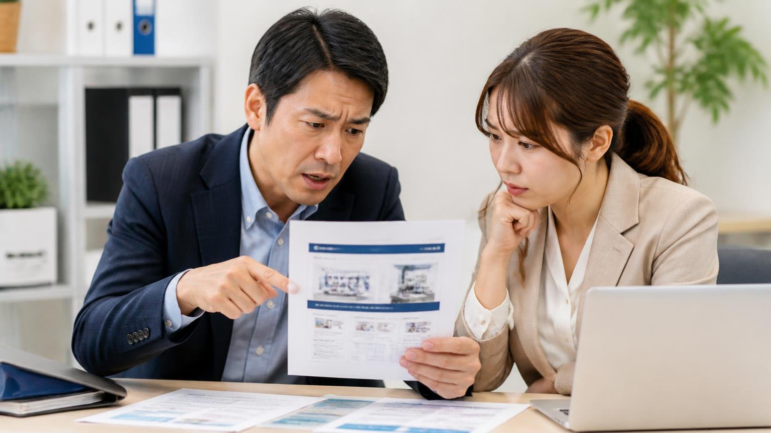 公式サイトに書かれていないこと|古物商許可番号・減額の条件・断るケース、事務所で公式サイトを印刷した紙を指さして確認する男性1人と女性1人