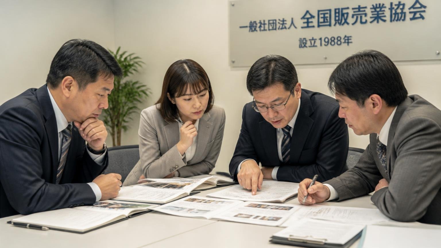 1988年発足の業界団体の会員企業に名前がある、会議室で全国の販売店の担当者が集まり資料を見る男女4人、真剣な表情