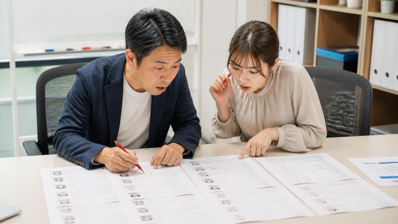 ★5は本文なし。口コミは「誰が・いつ・何に」で読み分ける。事務所の会議机で口コミを印刷した紙に赤ペンで印をつける男女2人