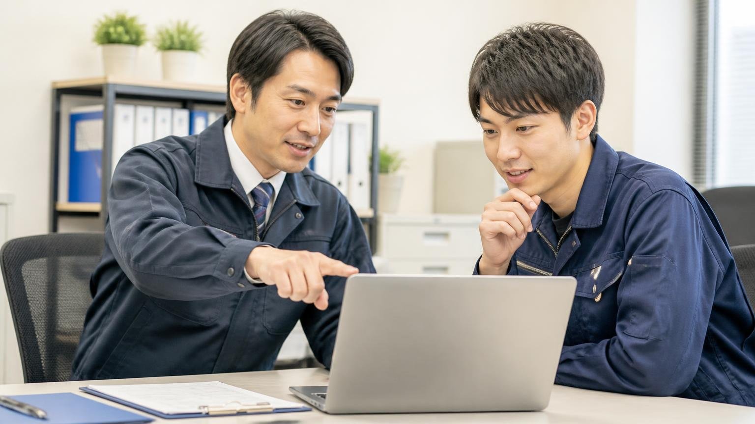 トラックサミット協議会の会員一覧を確認、事務所でパソコンの会員企業一覧ページを指さす査定士の男性1人と納得してうなずく若い男性ドライバー1人