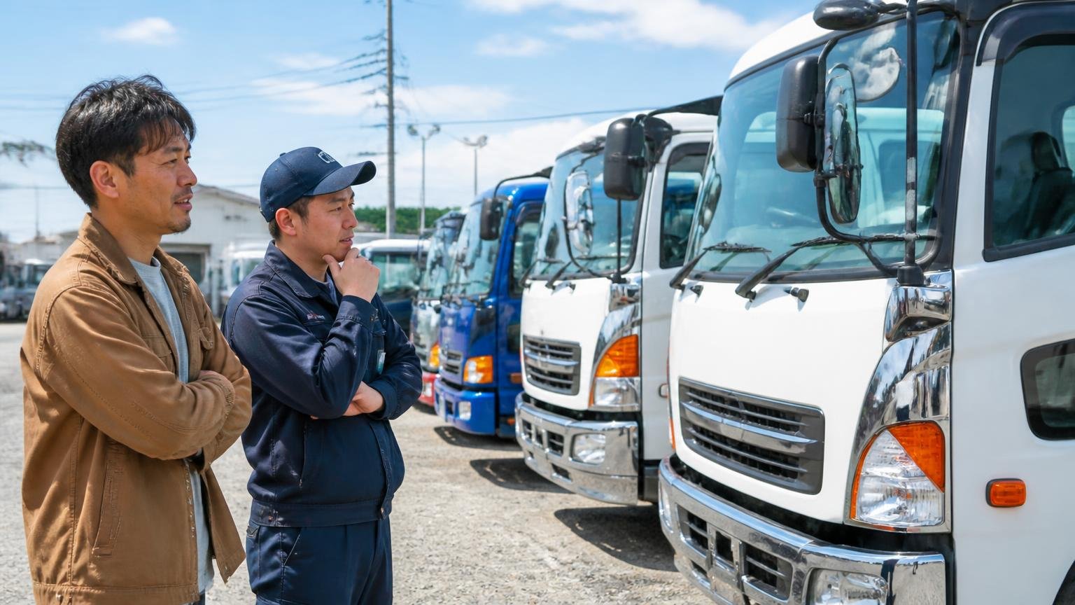 展示車を見に来た人・配達で立ち寄った人の★4と★3。屋外の中古トラック展示場で並んだ中型トラックを眺める来場者2人、興味深そうな表情