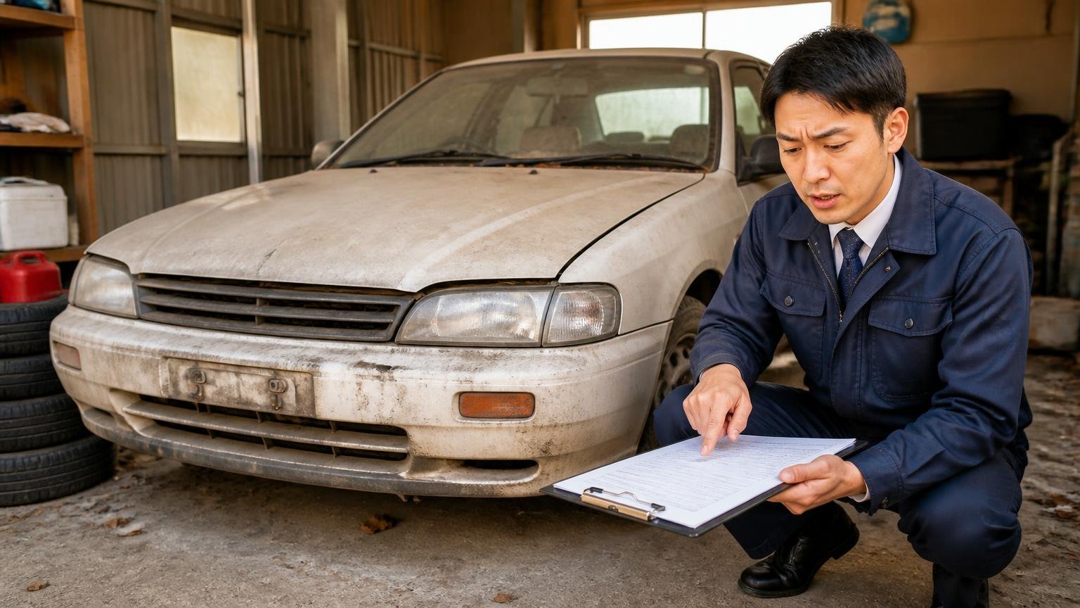 買取条件｜出張査定は四国4県で完全無料、不動車・事故車まで対象。ただし「書いていないこと」がある 車庫の不動車の前で査定士1人が書類を指さす