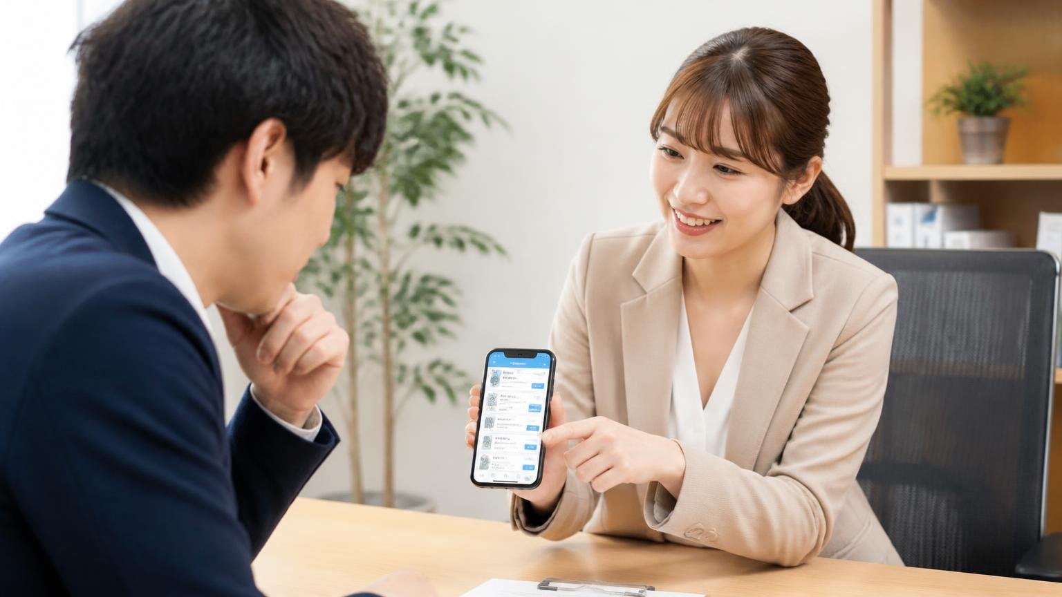 買取の仕組みは最大5社への一括査定 事務所でスマホの申込画面を見せながら相談する男女2人