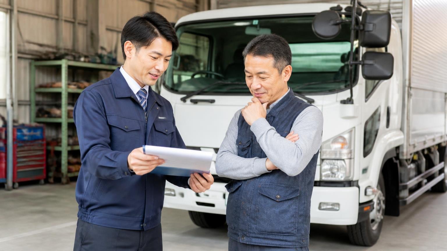 査定料と断ったときの費用。車庫に停まった4tトラックの前で、査定士が書類を見せ男性がうなずく
