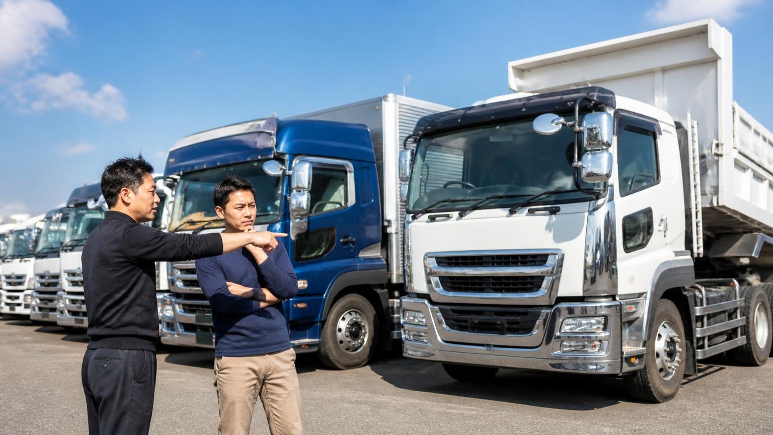 対応している車種と無料と明記されている範囲 展示場に並ぶダンプとウイングの前で車両を指さす男性2人が確認する