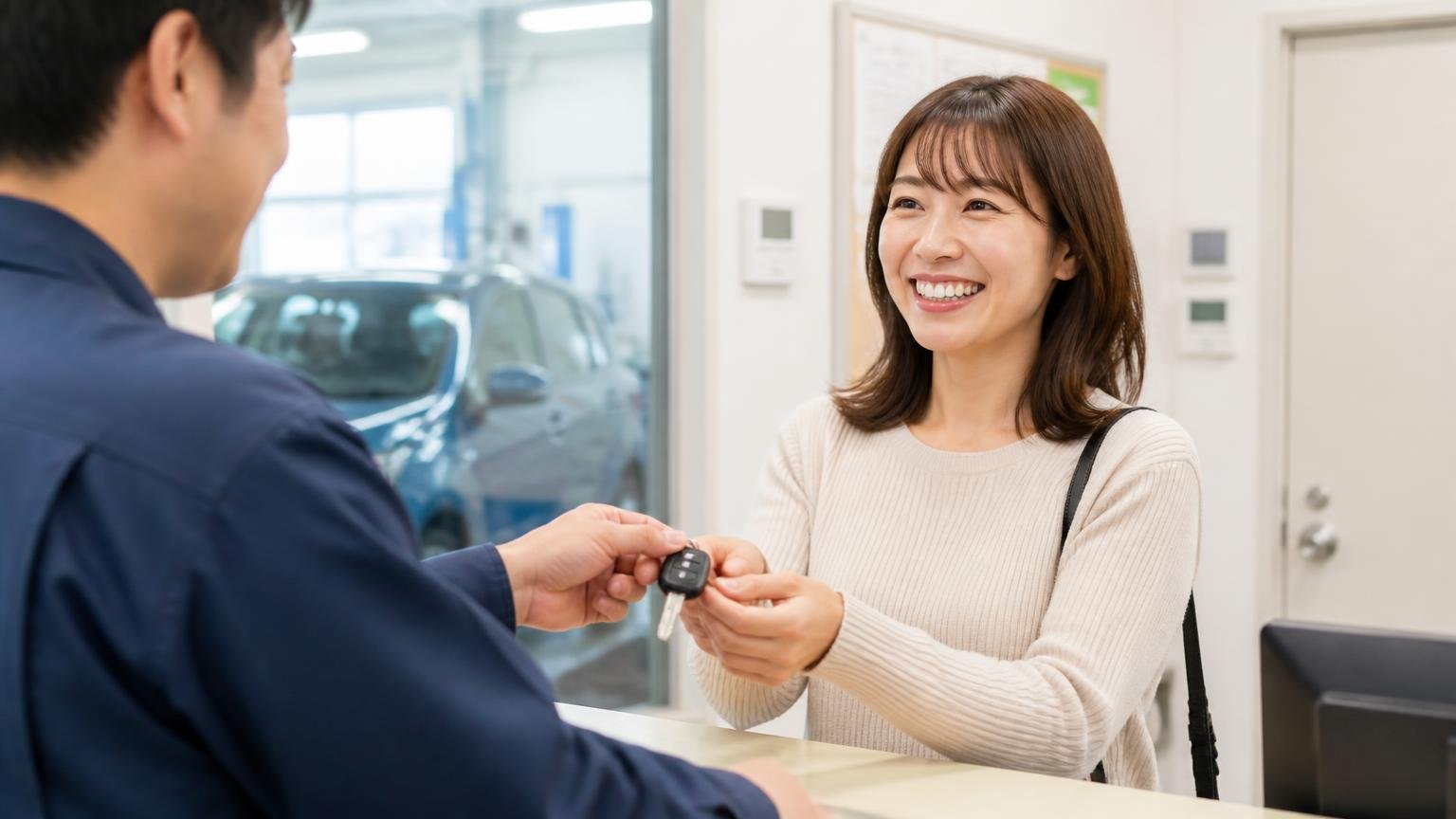 ★4.4は車検を頼んだ人の声。整備工場の受付で乗用車の鍵を受け取る女性1人が笑顔