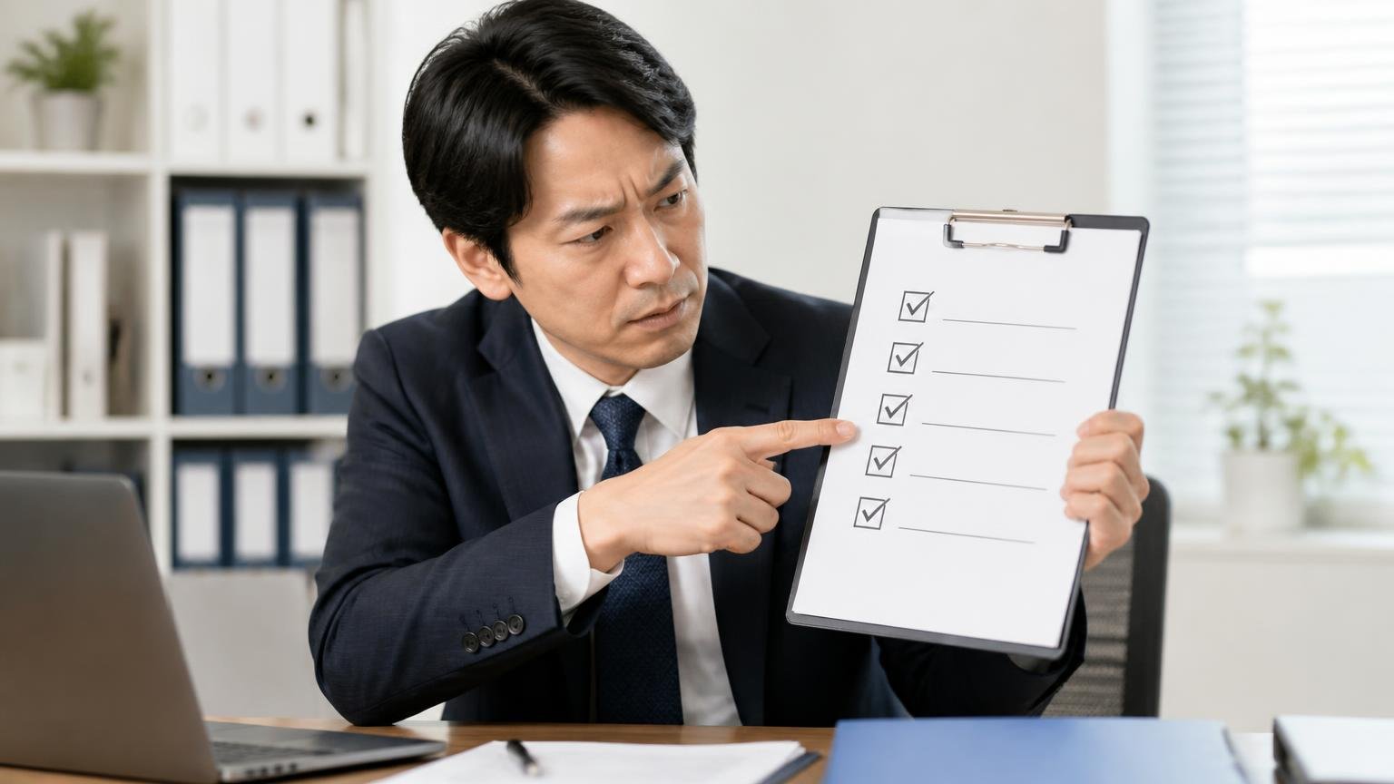 加盟審査でチェックされる5つの項目 事務所で書類のチェックリストを指差しながら説明する男性1人が真剣な表情