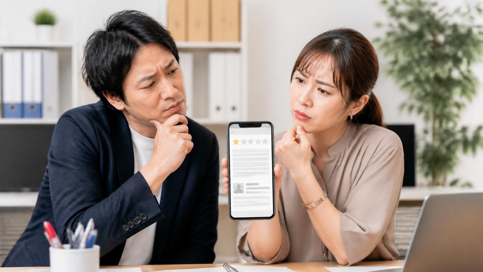 ★1なのに本文は「でも普通」 事務所でスマホの口コミ画面を見せながら相談する場面 男女2人 首をかしげる