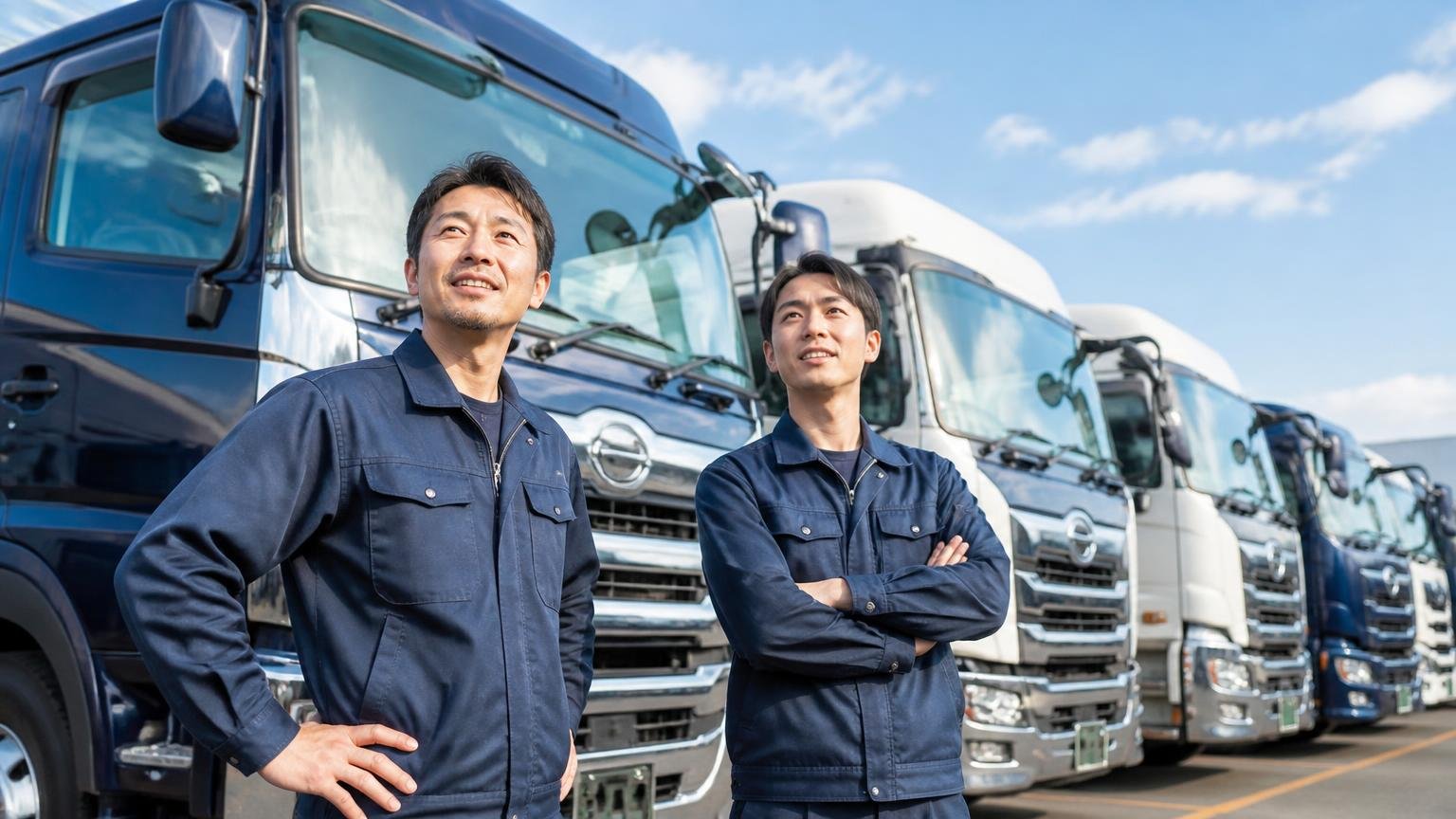 北海道から本州へ拠点を広げた10年。展示場に並ぶ大型トラックを見上げる男性2人