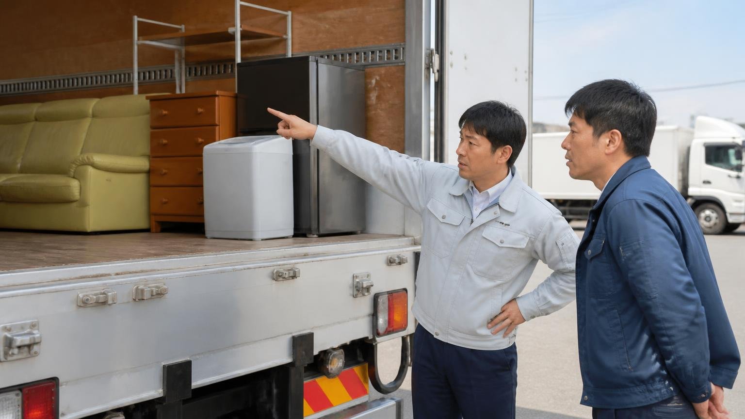 買取対象と無料の範囲。屋外でウイング車の荷台まわりを指さし確認する男性2人が真剣な表情