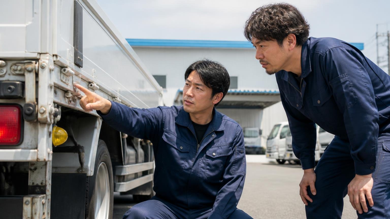 関東トラックセンターは★4.4だが文章は1件だけ、千葉の営業所でトラックの荷台まわりを確認する男性2人が真剣な表情