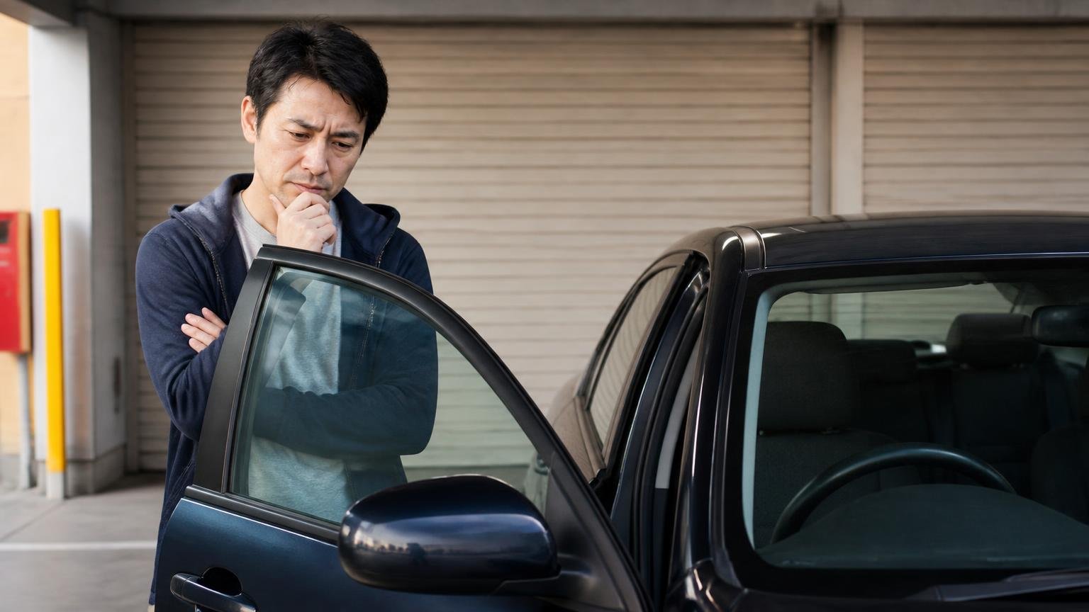 なぜ売った人の口コミはどこにも存在しないのか 早朝の車庫で運転席のドアを開ける場面 男性1人 考え込む表情
