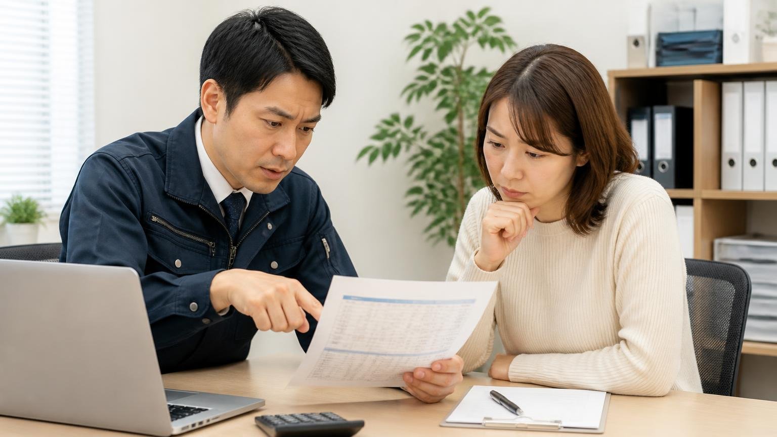 査定料と出張費と名義変更の扱い 事務所の机で見積書を指差す男女2人 確認する真剣な表情