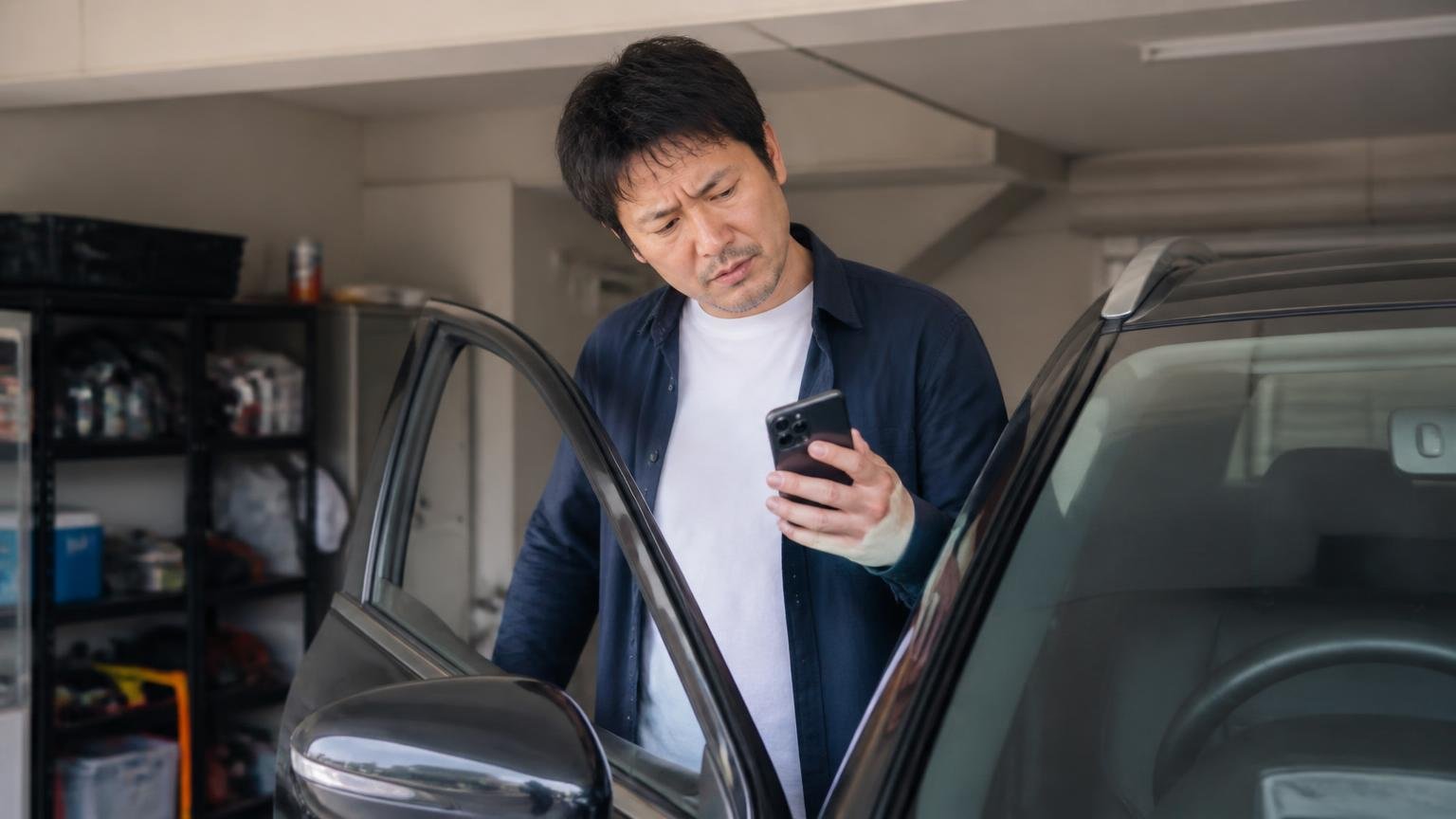 公式サイトに書かれていないこと 早朝の車庫で運転席のドアを開ける場面 男性1人 スマホで公式サイトを確認して首をかしげる