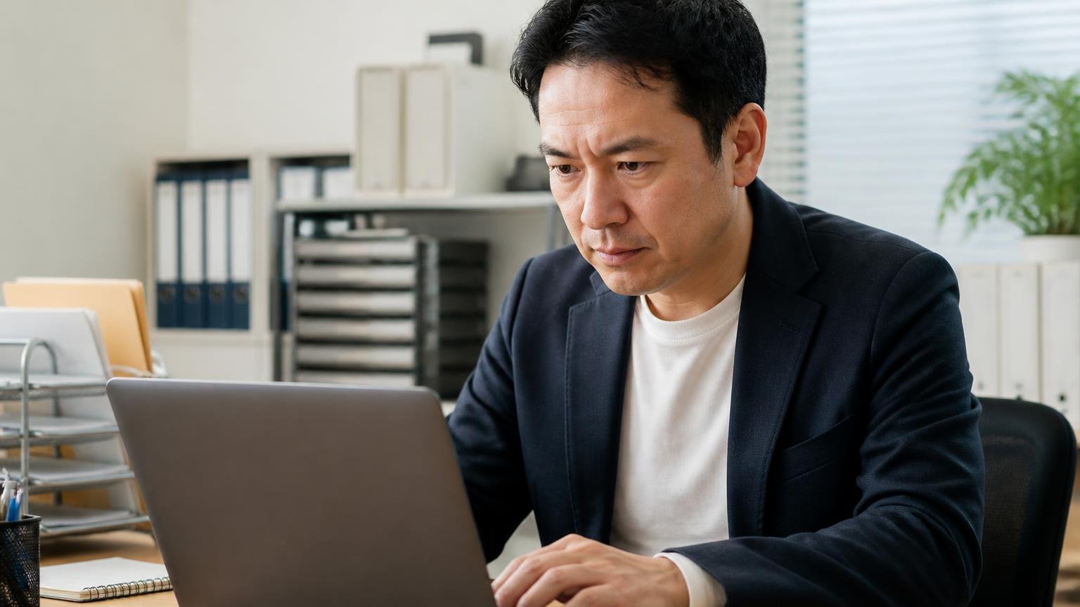 古物商許可番号と法人番号で「実在する事業者か」を確かめる 事務所でパソコンに番号を打ち込み真剣な顔で画面を見つめる40代男性1人
