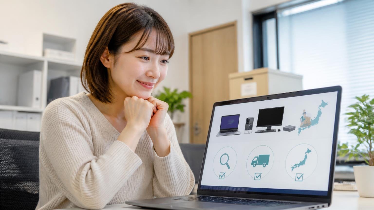 買取条件|査定無料・出張料無料・日本全国対応の記載、事務所でパソコンの買取案内画面を見る30代女性1人がほっとする表情
