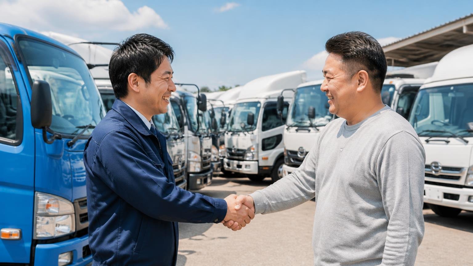 良い口コミ:対応の丁寧さ、整備された車両、在庫の多さ、中古トラックが並ぶ屋外展示場、スタッフと客の2人、握手して笑顔になる