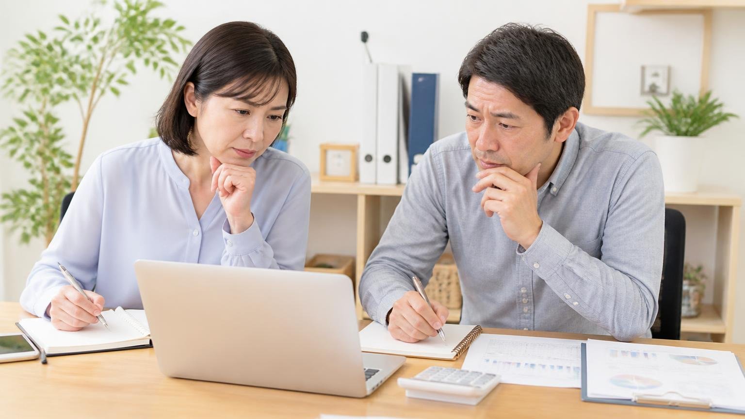 公式サイトと掲載サイトに書かれた買取条件と、査定前に確認したい点(事務所の机でノートパソコンを見ながら、夫婦がメモを取り話し合う)