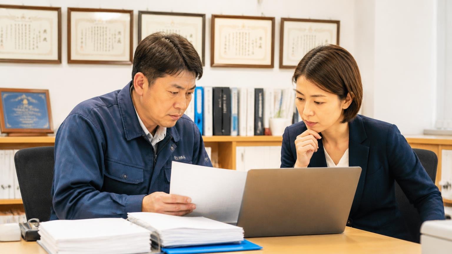 古物商許可・指定工場・業界団体への加盟から分かること、事務所で書類とパソコン画面を確認し合う男女2人、真剣な表情